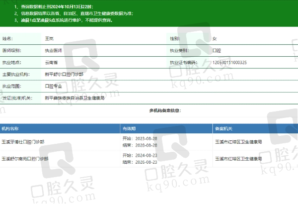 玉溪牙博仕口腔门诊部王岚医生资质