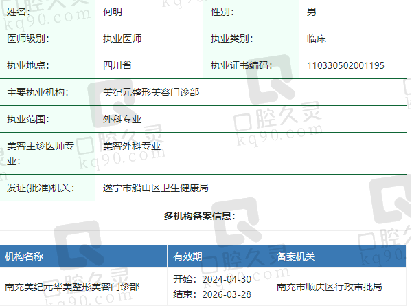 南充美纪元华美整形美容门诊部何明医生资质正规：