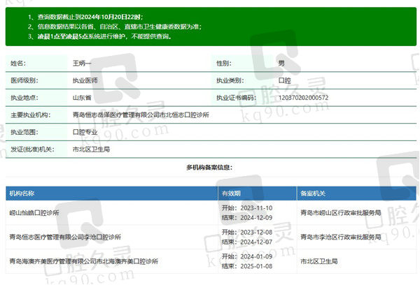 青岛恒志口腔门诊部王炳一医生资质