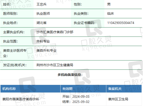 襄阳市雅美医疗美容诊所王忠兵医生资质正规