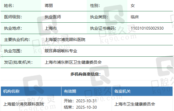 上海爱尔浦亮眼科医院蒋丽医生资质正规