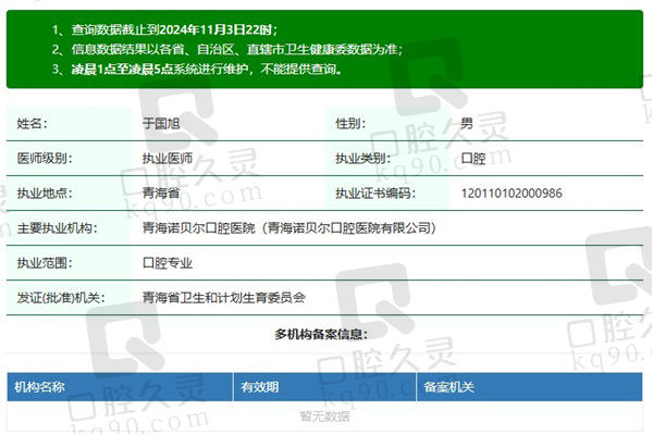 青海诺贝尔口腔医院于国旭医生资质