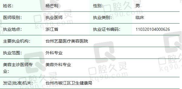 台州艺星医疗美容医院医生杨芒利医生资质正规
