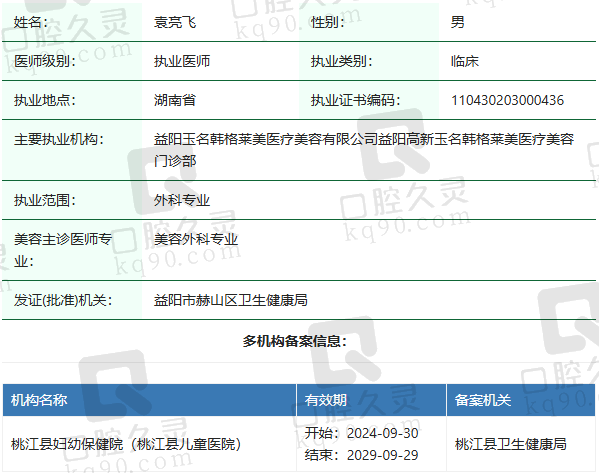 益阳格莱美医疗美容门诊部袁亮飞医生资质正规