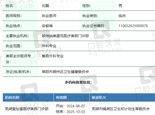 芜湖壹加壹医疗美容门诊部刘磊医生资质正规：