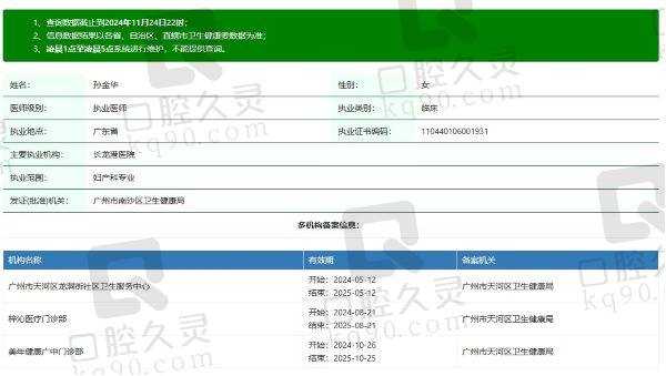 广州梓沁医疗门诊部孙金华医生个人资质信息