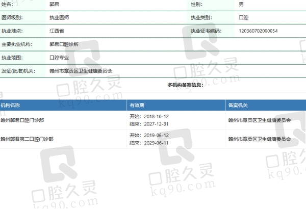 赣州郭君第二口腔门诊部郭君医生资质