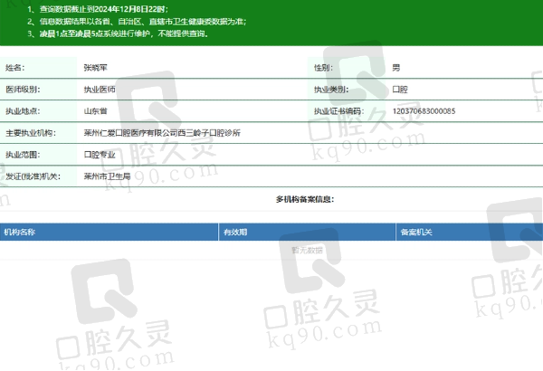 莱州仁爱口腔诊所张晓军 医生资质