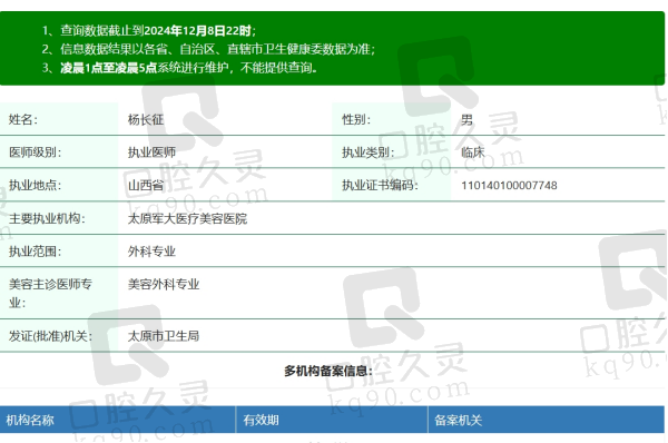 太原军大医疗美容杨长 征医生资质