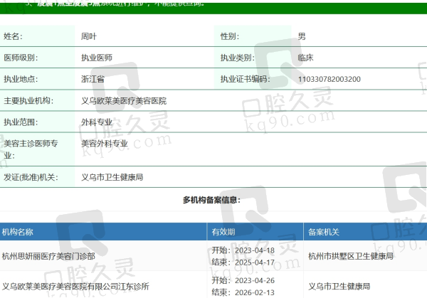 义乌欧莱美医疗美容医院周叶医生资质
