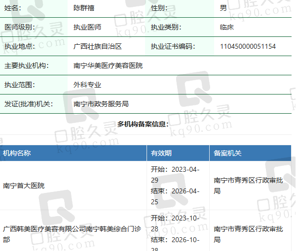 南宁韩美医疗美容门诊部陈群禧医生资质正规