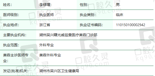 湖州吴兴曙光威兹曼医疗美容门诊部李禄增医生资质正规：