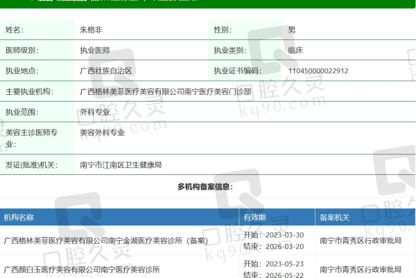 南宁格林美菲医疗美容朱格非医生资质