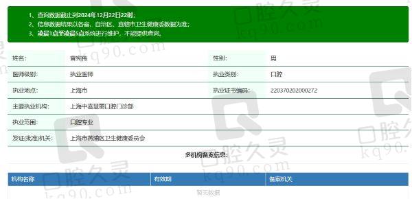上海中喜慧丽口腔门诊部曾宪伟医生个人资质