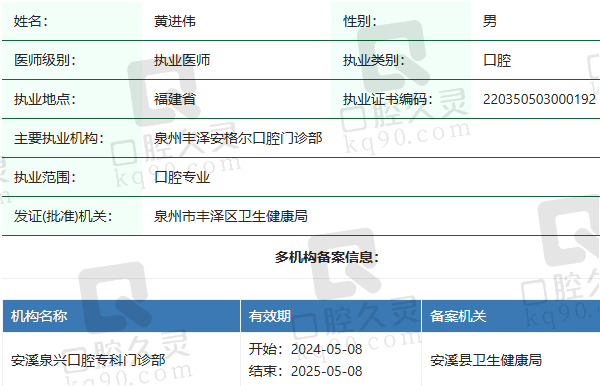 安溪泉兴口腔专科门诊部黄进伟医生资质正规