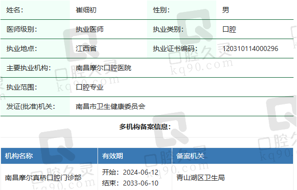 南昌摩尔真桥口腔门诊部崔细初医生资质正规