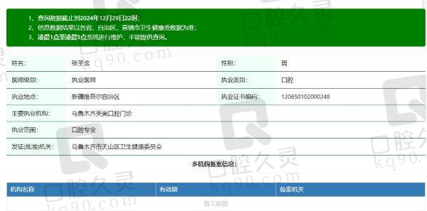 乌鲁木齐美奥口腔门诊张圣玄医生个人资质