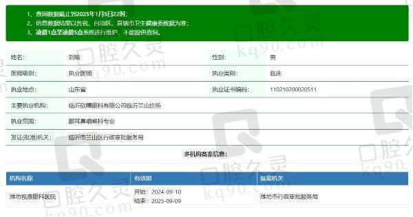 潍坊视康眼科医院刘瑜医生个人资质