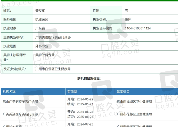 广州广美医疗美容姜友定资质