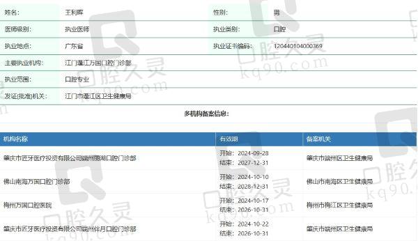 江门万国口腔医院王利晖医生个人资质