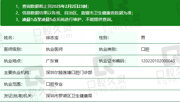 深圳尔睦莲塘口腔门诊部徐志宝医生资质正规：
