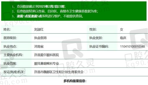 许昌爱尔眼科刘淑红医生执业资质