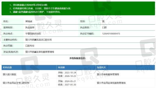 银川市牙季口腔诊所樊瑞斌医生个人资质