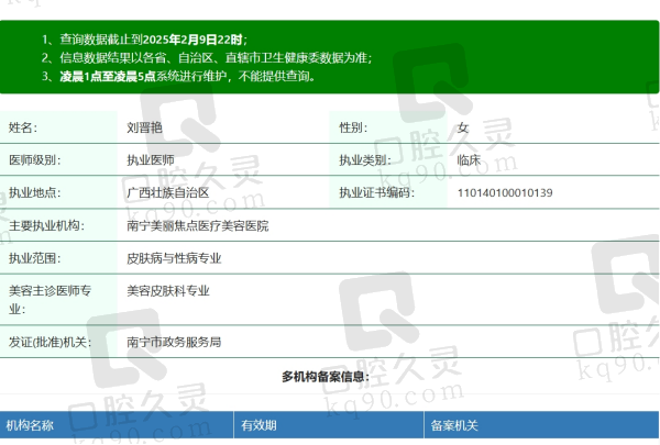 南宁美丽焦点医疗美容刘晋艳医生资质