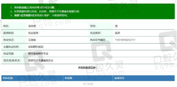 昆明景远眼科医院袁俊彦医生个人资质