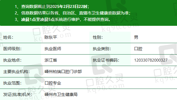 嵊州柏瑞口腔门诊部陈东平医生资质正规：