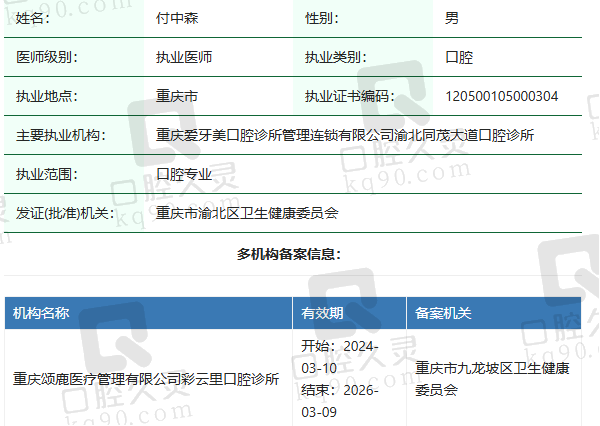 重庆颂鹿口腔诊所付中森医生资质正规：