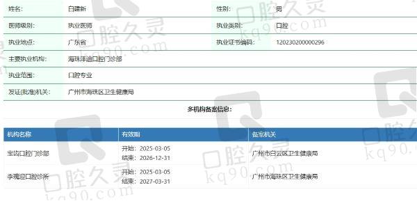 广州德艺口腔门诊部白建新医生个人资质