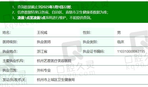 杭州艺星王祝威医生执业资质