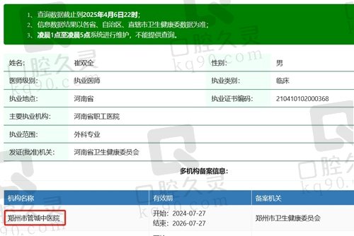 郑州市管城中医院整形科崔双全医生执业资质