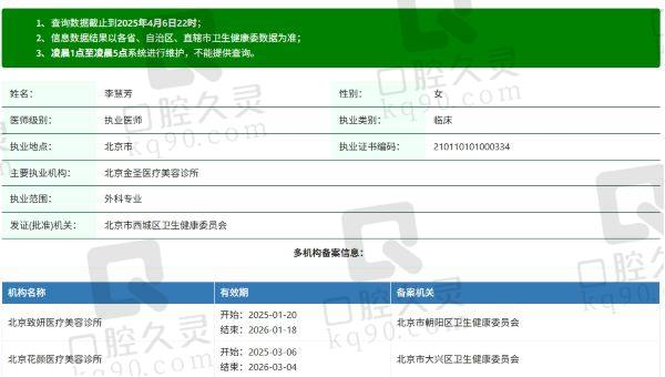 北京金圣医疗美容诊所李慧芳医生个人资质