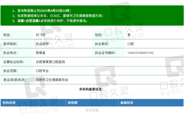 合肥茀莱堡口腔刘飞宏医生资质